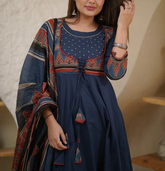 Ajrakh blue cotton Anarkali