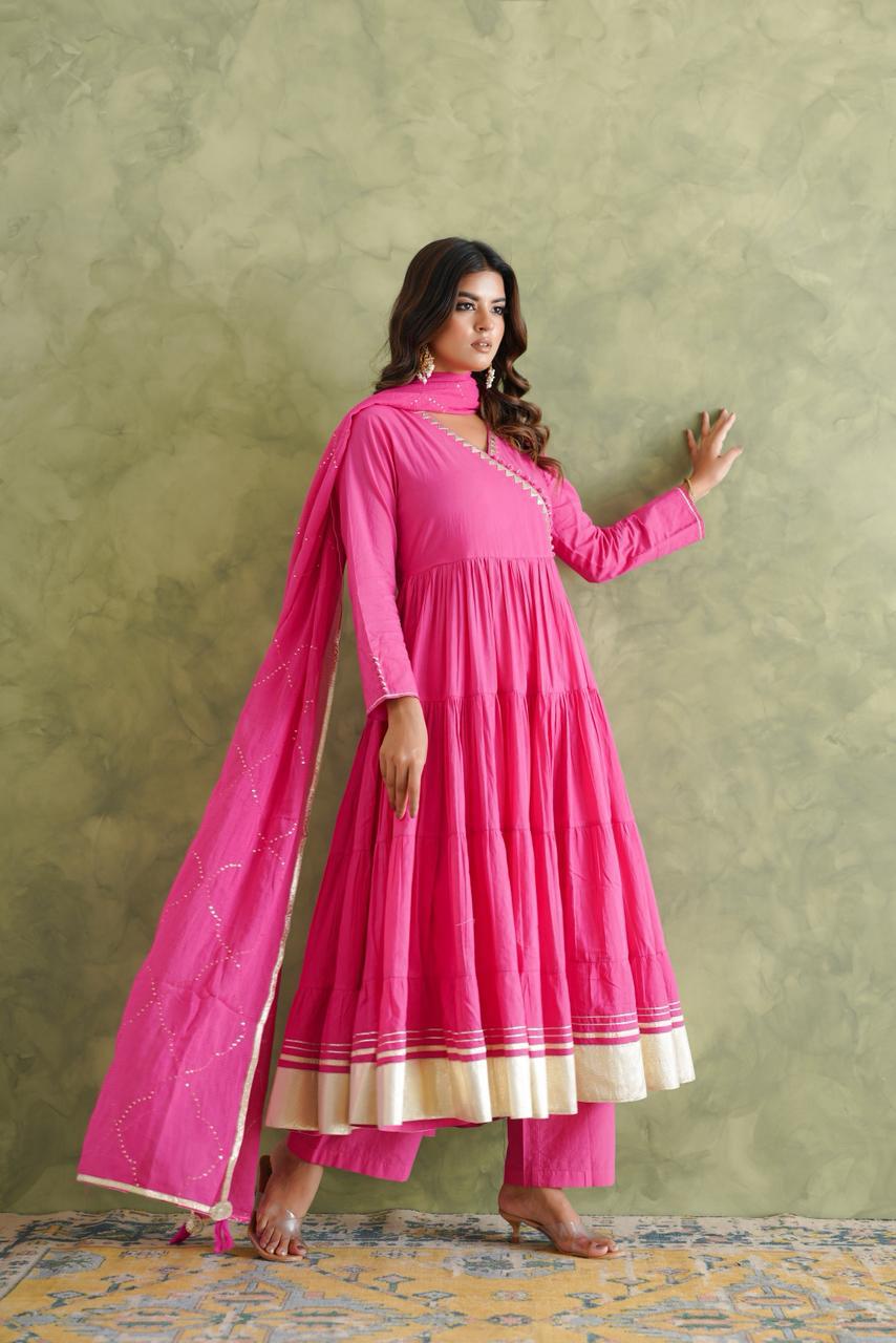 Pink beautiful cotton Anarkali with gota and kota doria dupatta