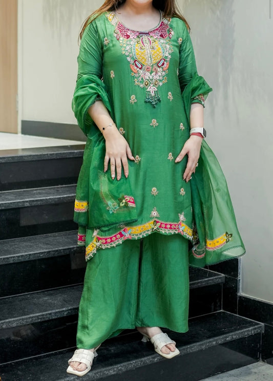 Short appliqué premium silk Anarkali suit with organza Dupatta