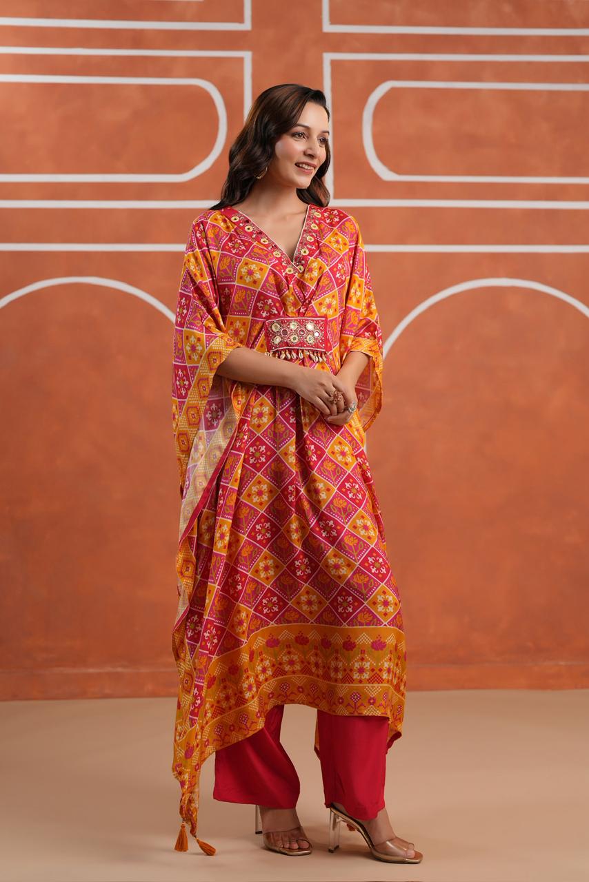 Orange pink Patola muslin silk kaftan pants with real mirror handwork detailing