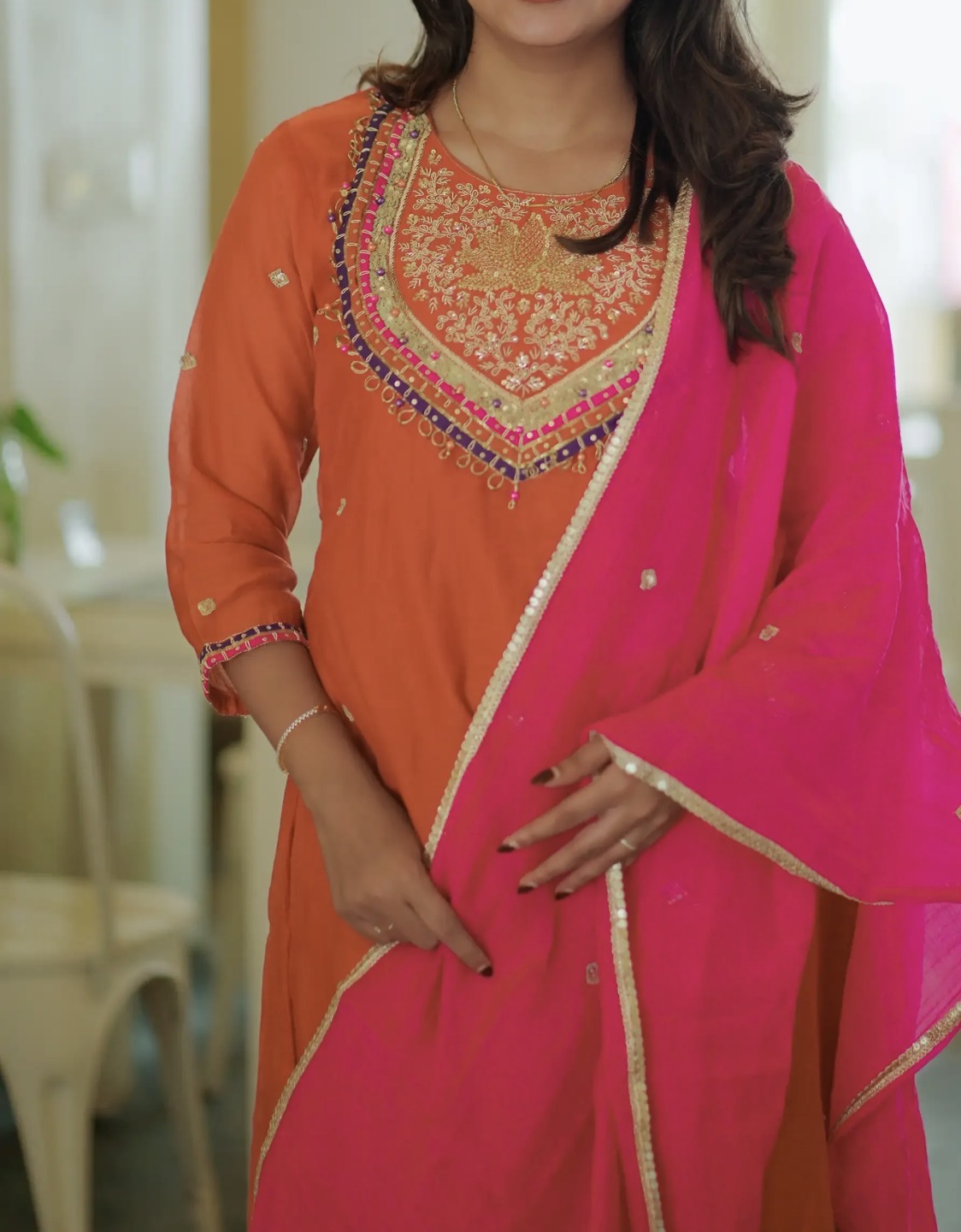 Heavy neck work with beautiful contrast duppata mul chandari Aline suit