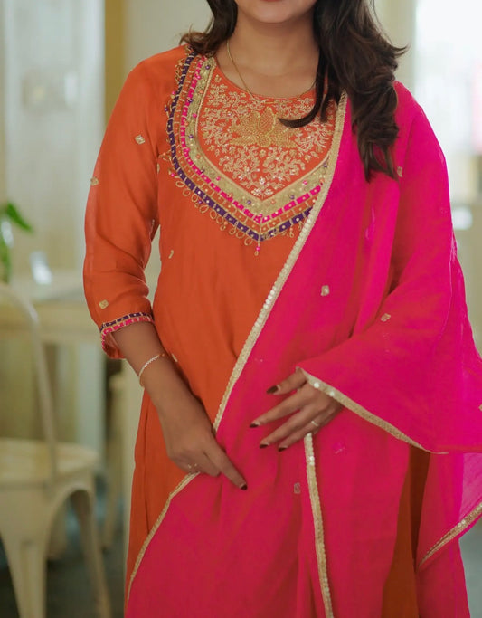 Heavy neck work with beautiful contrast duppata mul chandari Aline suit