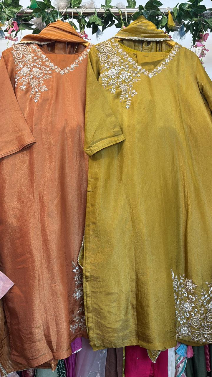 Tissue Zari handwork beautiful detailing on neck & hem of kurta with classy dup pant set
