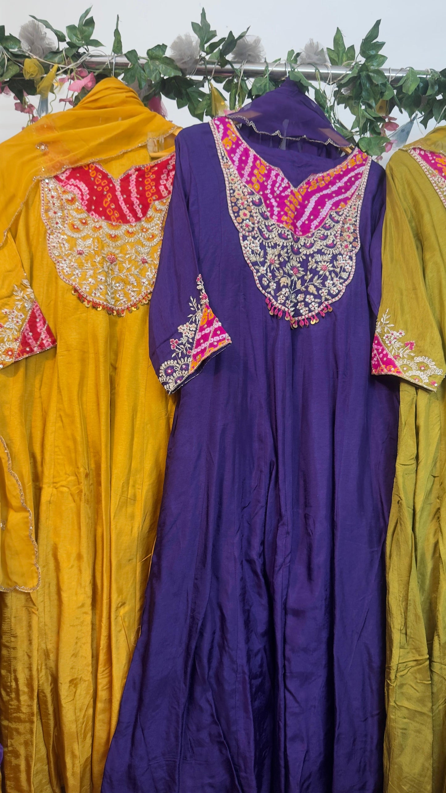 Pure silk Bandhani appliqué and handwork Anarkali