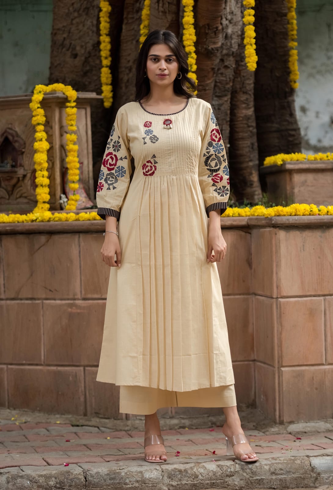 Embroidery ivory cotton kurta plazoo set