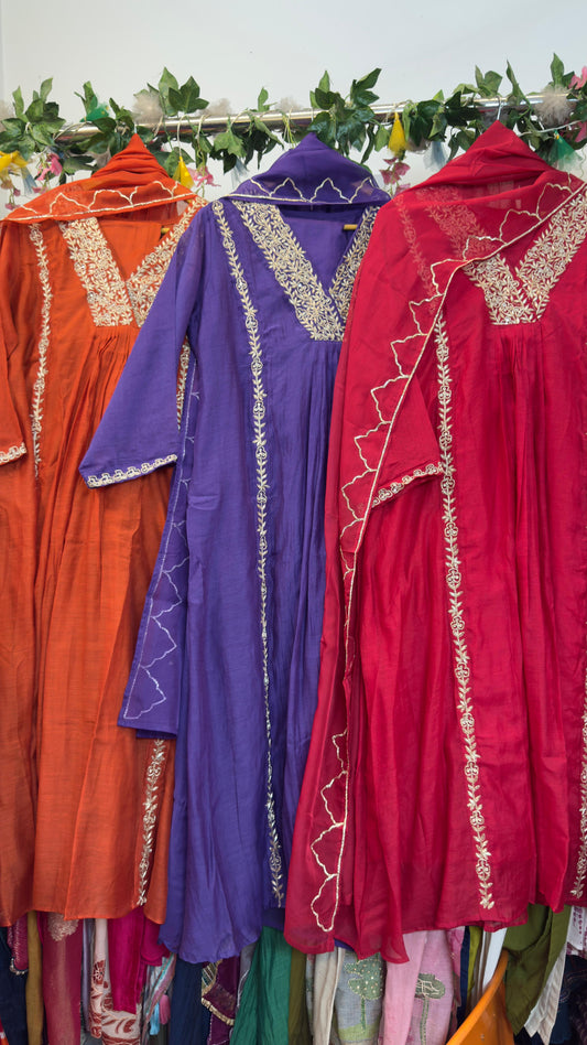 Hit mul chandari suit Aline with zari and beautiful work on kurta dup with silk pants