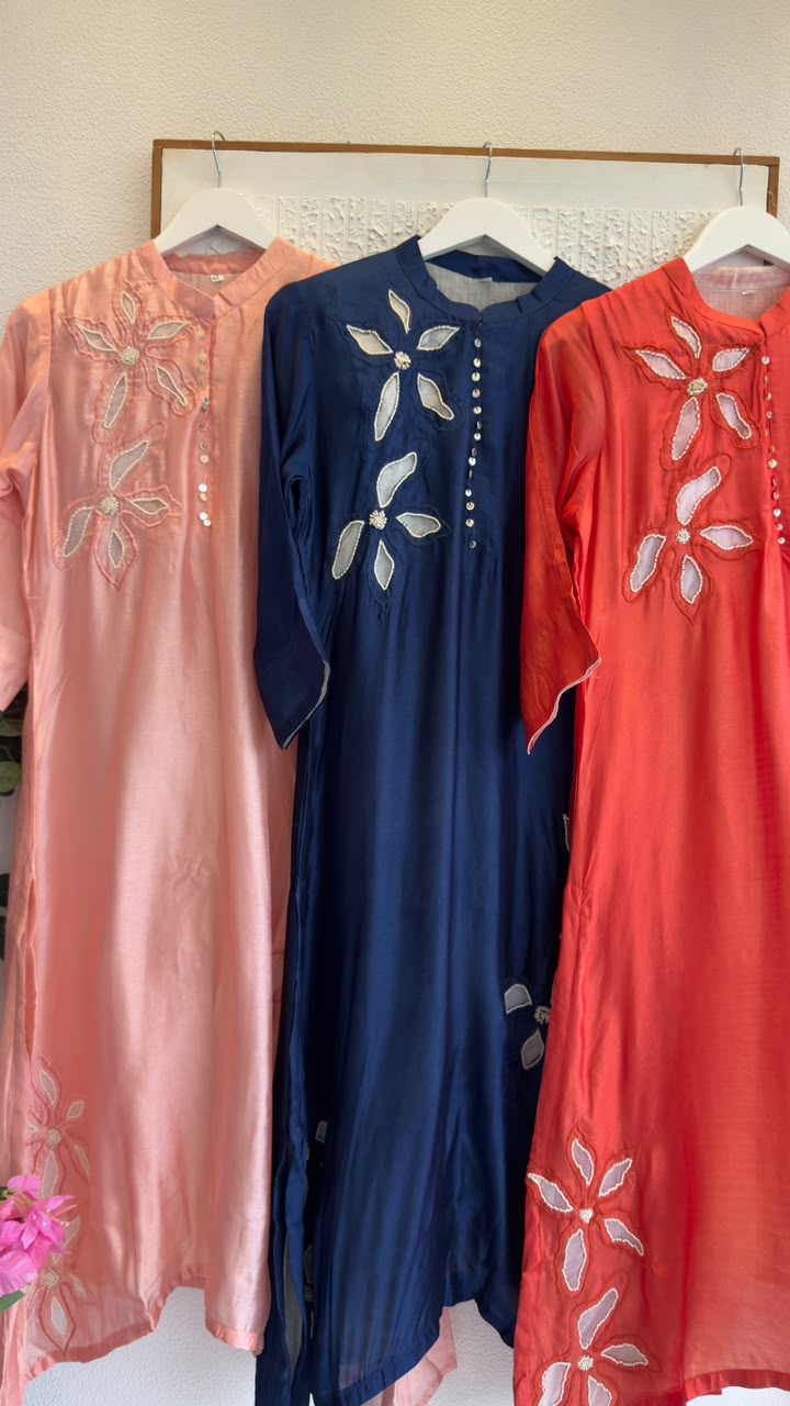 Appliqué premium silk kurta pant set with pearl work