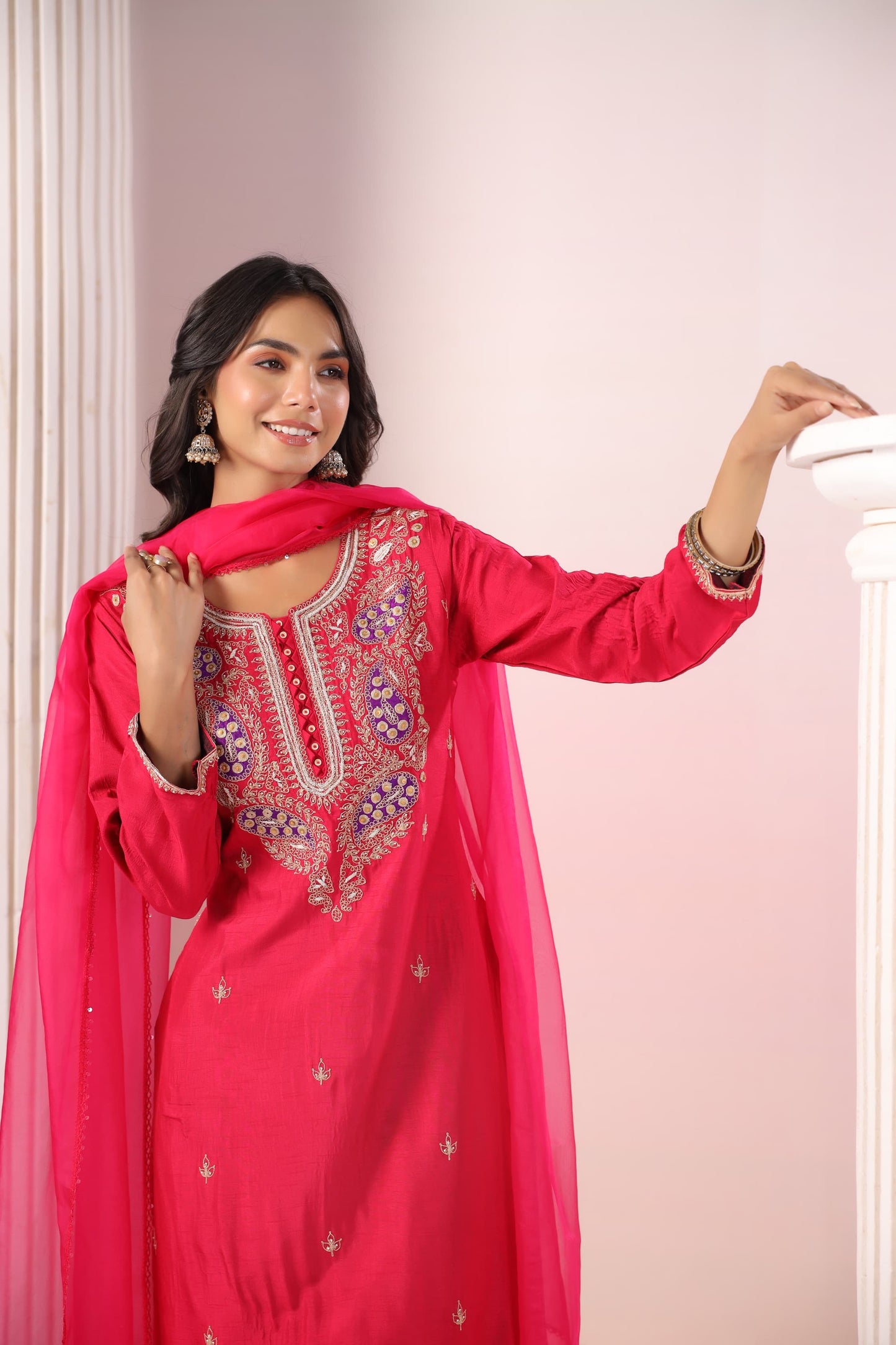 Reddish pink silk suit
