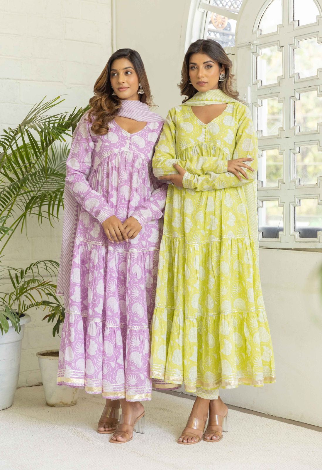 Preety green / purple cotton  layed anarkali