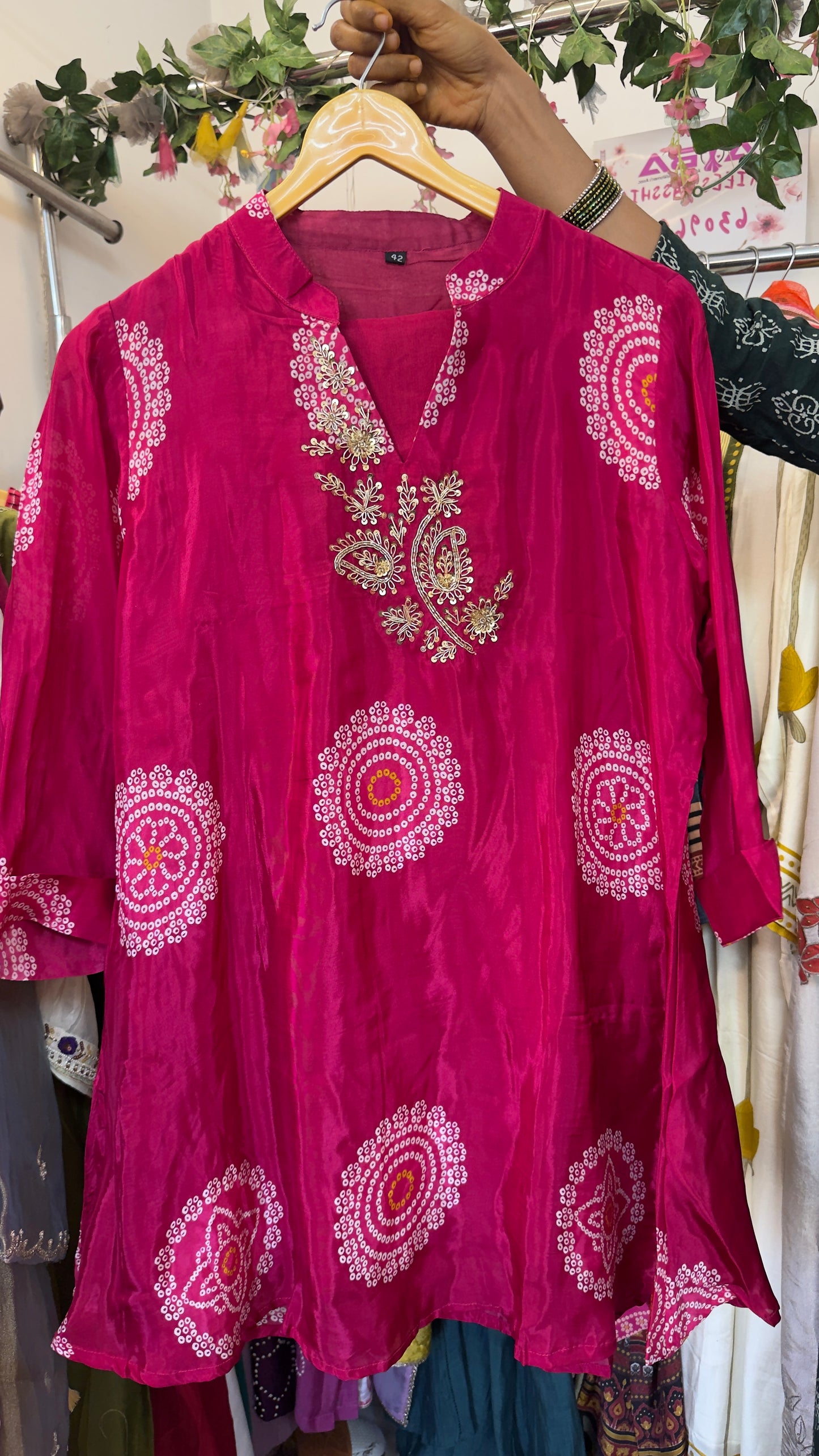 Pink/red Bandhani silk co ord set with handwork