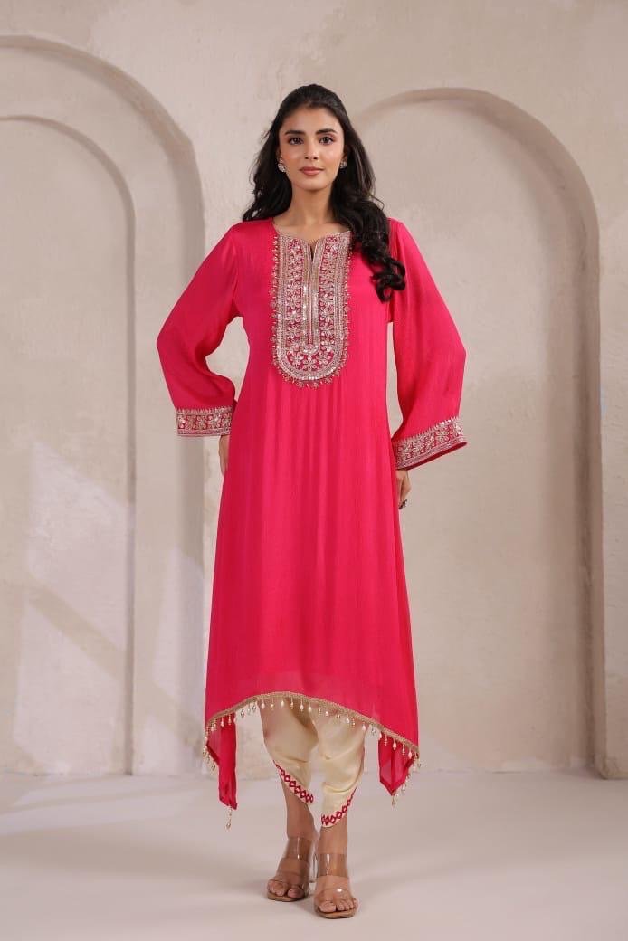 Chinon dhoti style classy set( kurta in chinon fabric &dhoto in muslin )