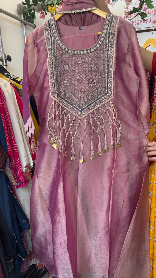 Pure metalic pink tissue Aline suit with antic Zari work