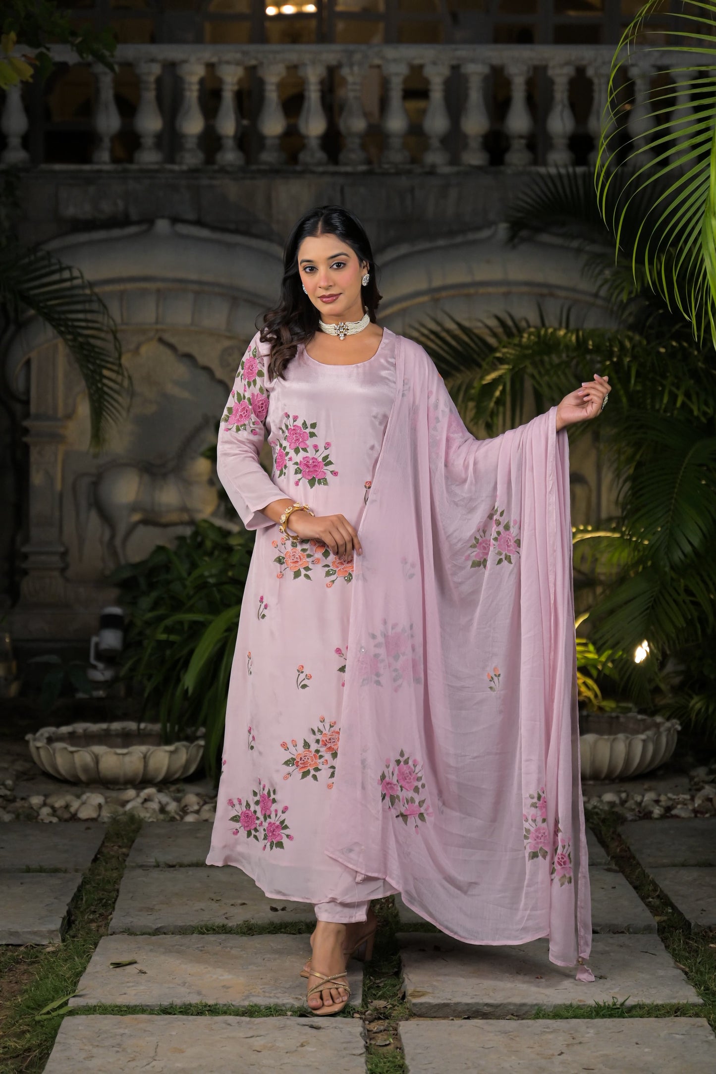 Handprinted with beautiful chinon fabric aline suit