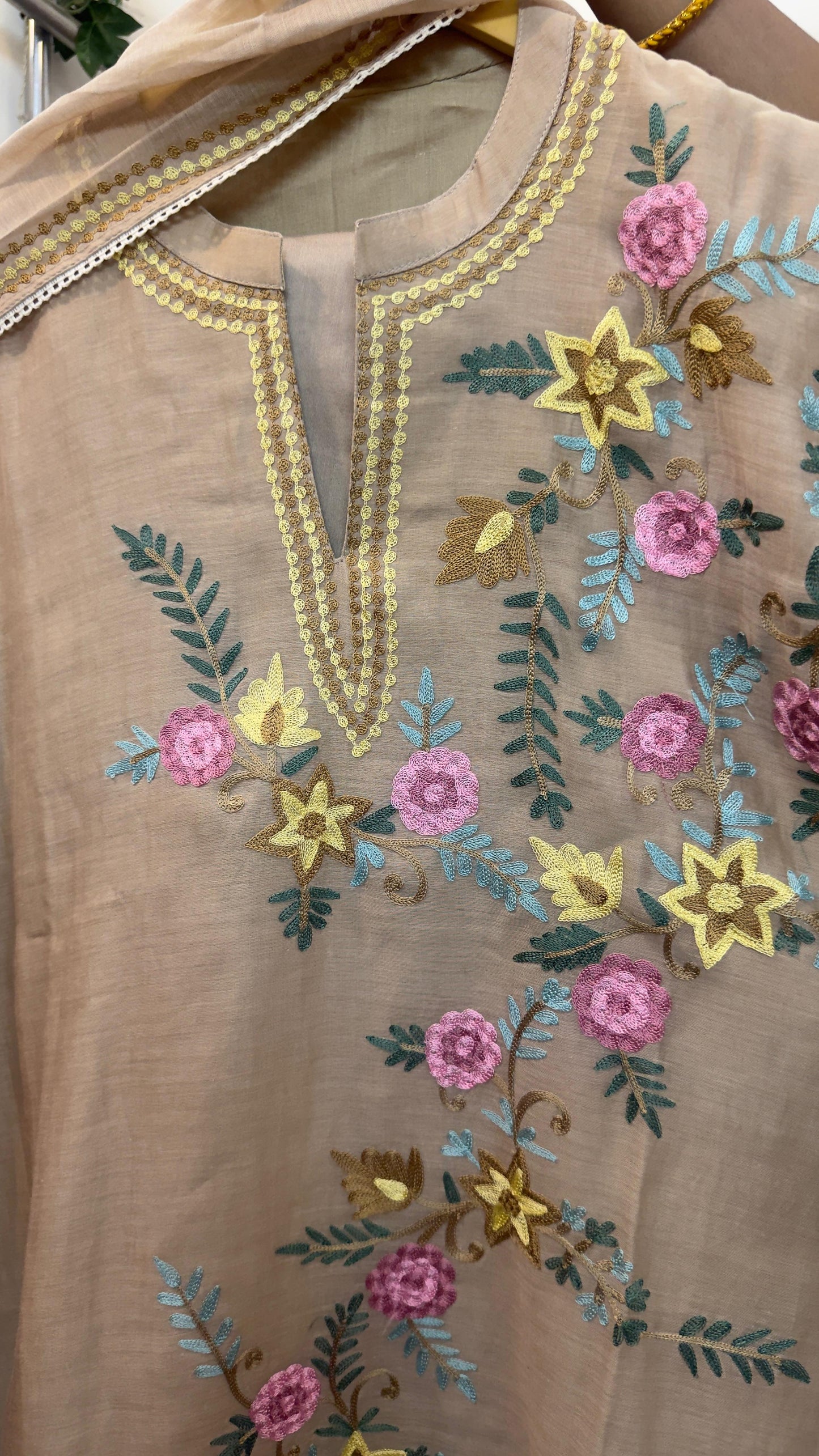 Parsi embroidery Mul chandari staright suit