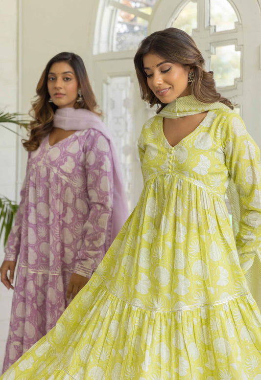 Preety green / purple cotton  layed anarkali