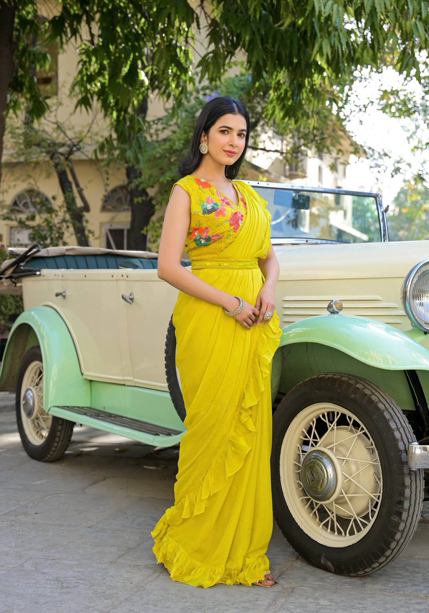 Yellow drepe saree