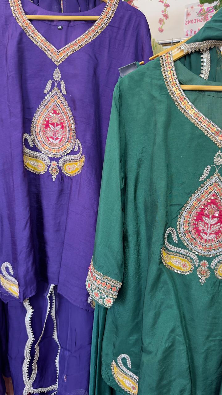 Indo western short silk top with divider and organza Dupatta ( work on back of top also)