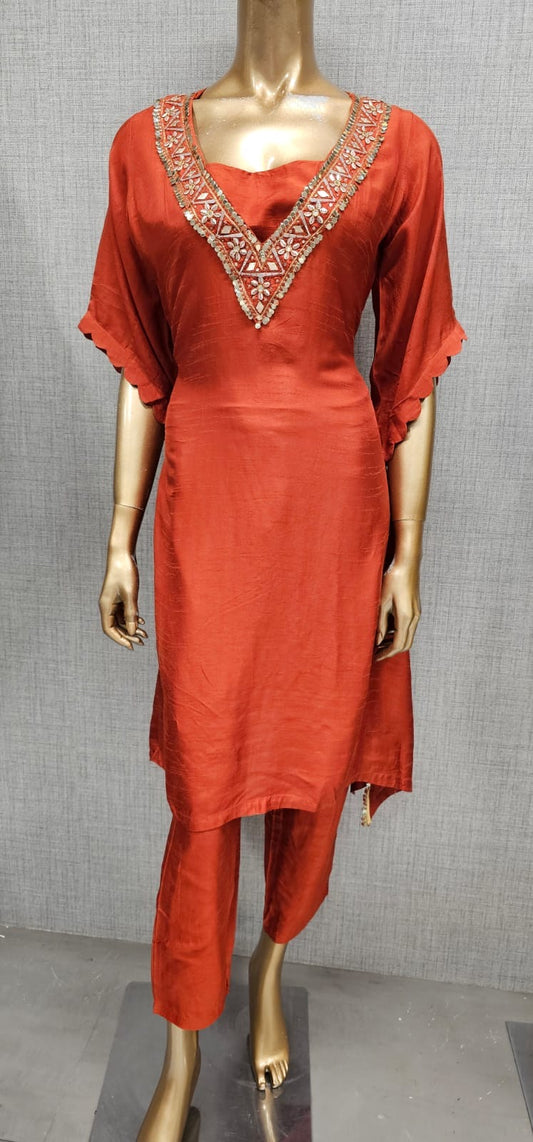 Premium rust Pure chandari silk A-Line Kurta With Pant & Buster