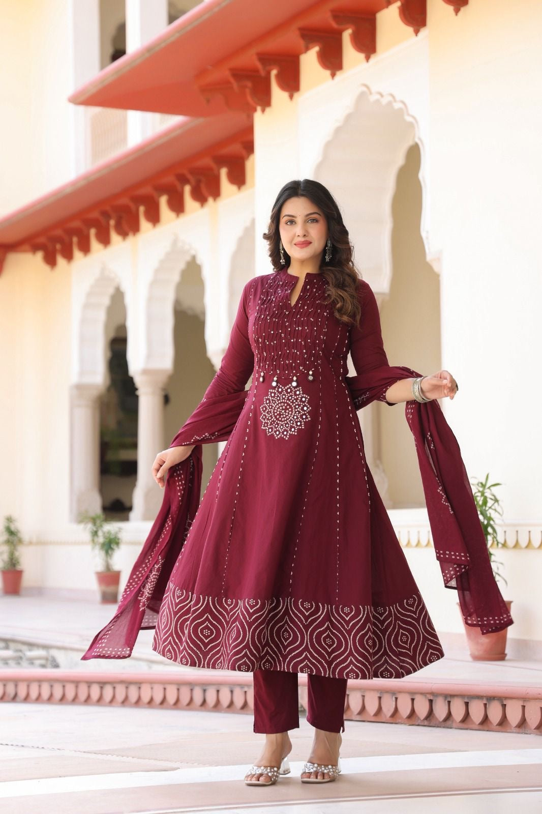 Maroon cotton Bandhani real mirror work detailing