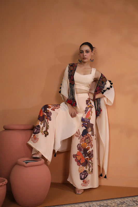 3 Piece Set , Printed Trouser Hand Embellished Jacket With Bustier