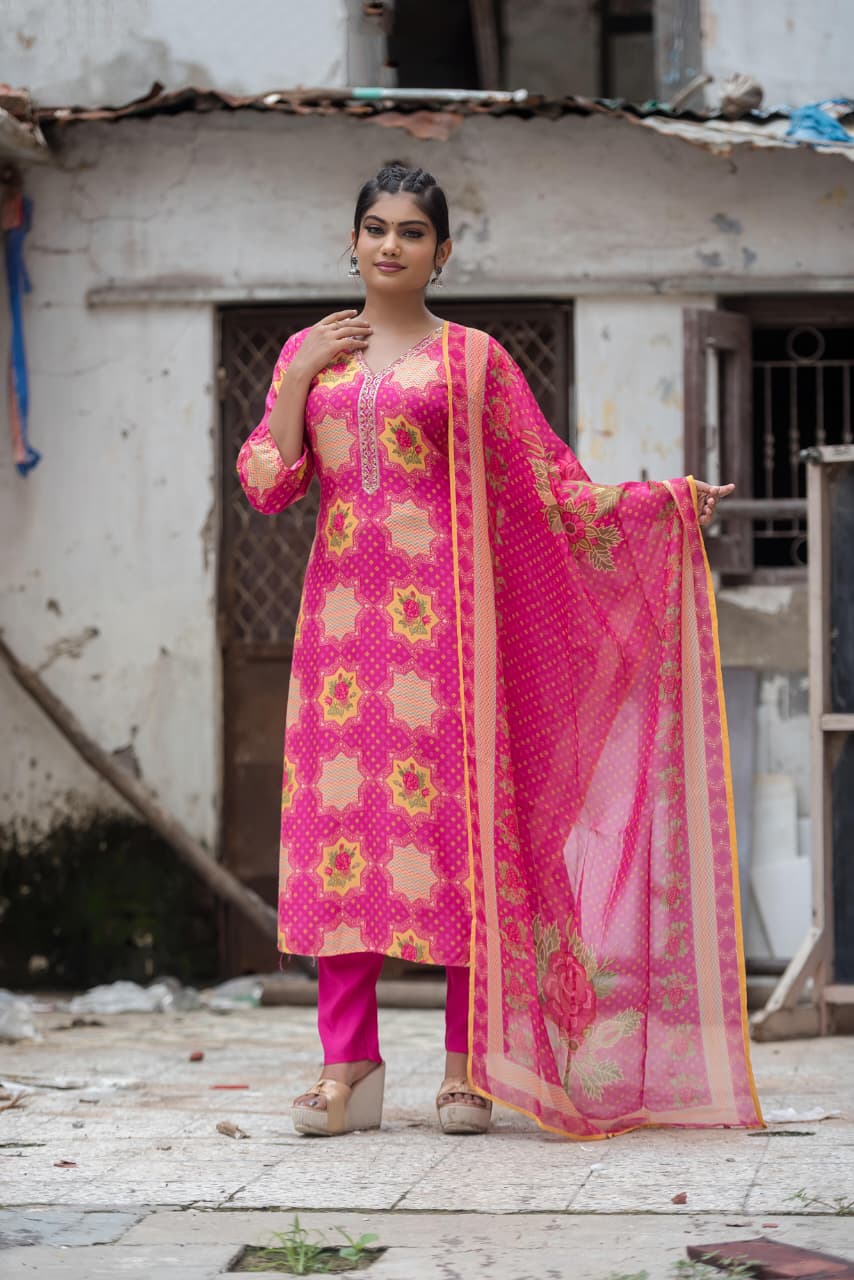 Pink muslin silk suit with organza Dupatta and muslin pants