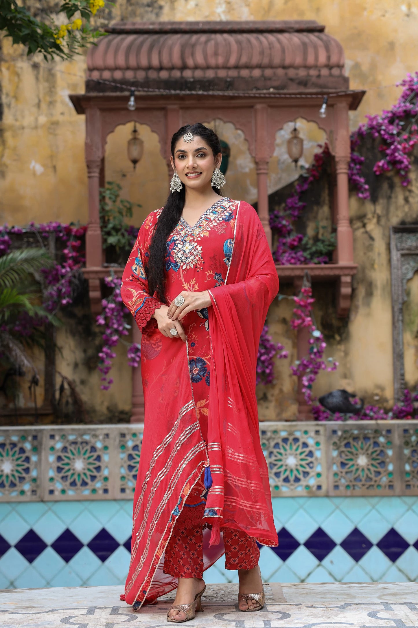 Red  muslin silk suit