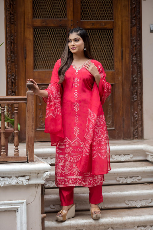 Red Bandhani pure crepe suit