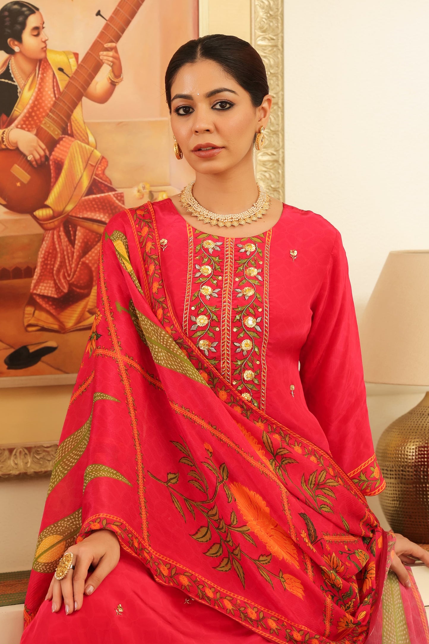 Pink pure crepe suit with chiffon Dupatta and muslin pants