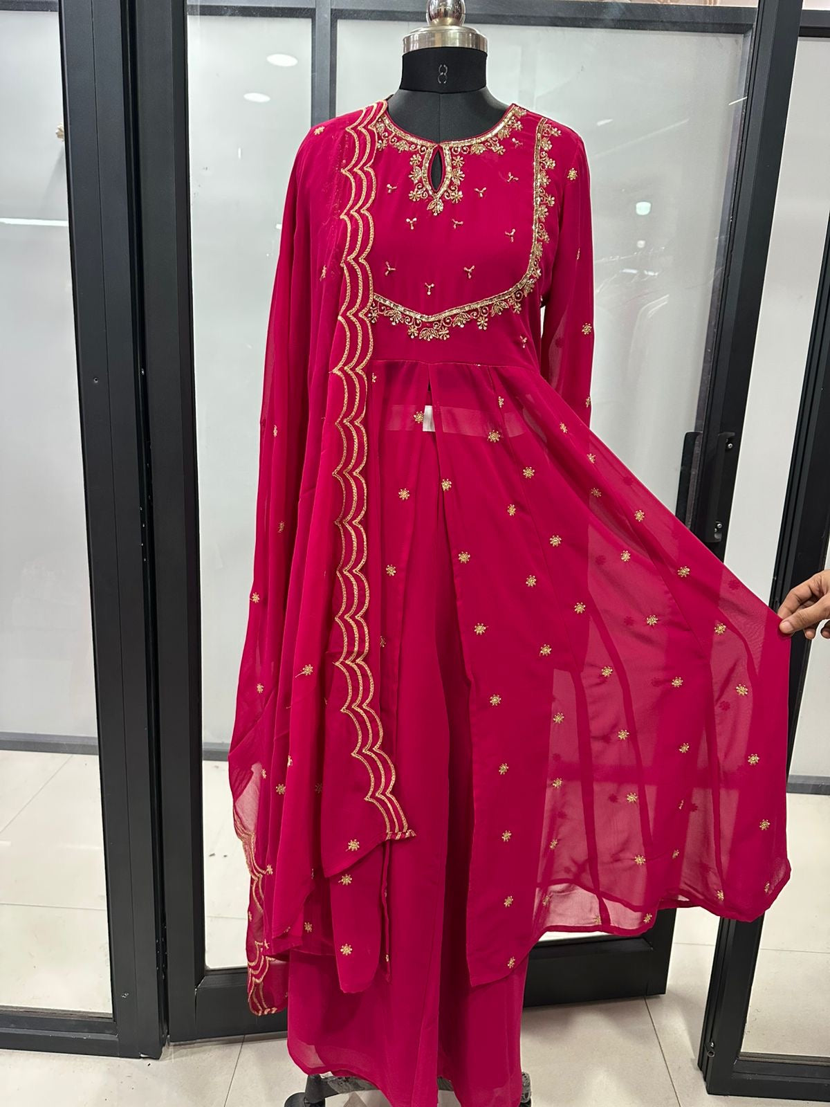 Pink Royal Zardosi U-Yoke Front Slitted Anarkali Full Suit Set With Dupatta & Loose Palazzo Bottom In Georgette Fabric
