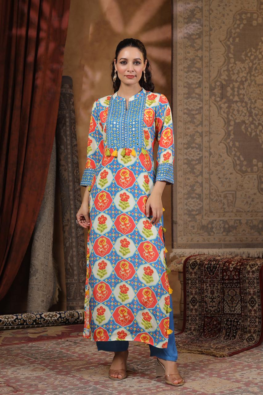 Blue Modal fusion kurta pant with real mirror work
