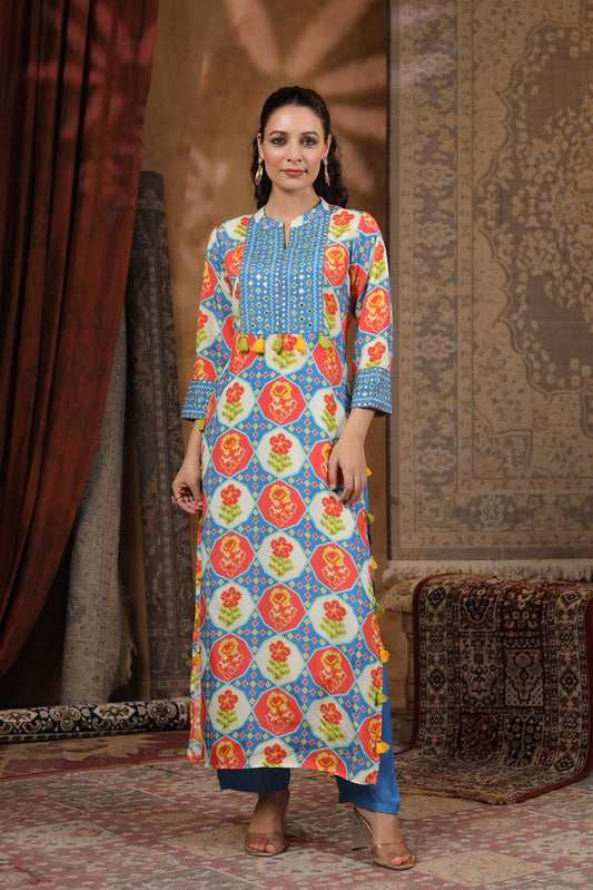 Blue Modal fusion kurta pant with real mirror work