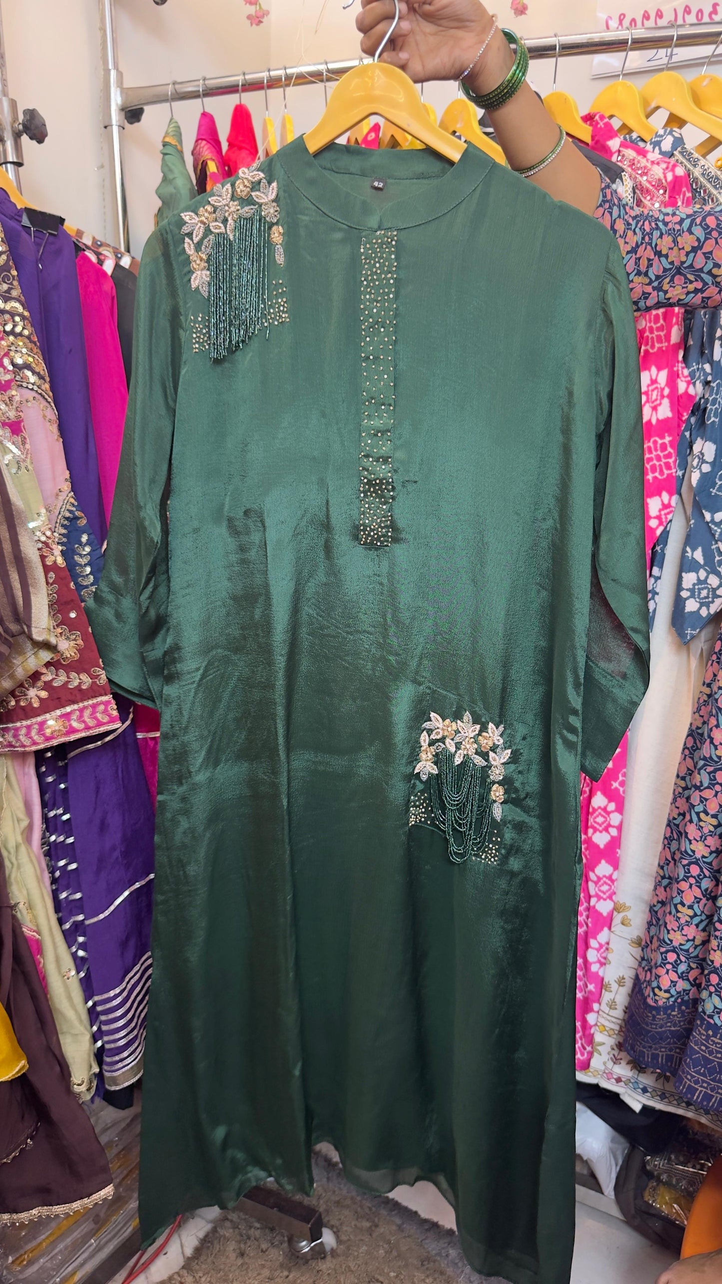 Pure chinon kurta pant set with beautiful work on shoulder & pocket