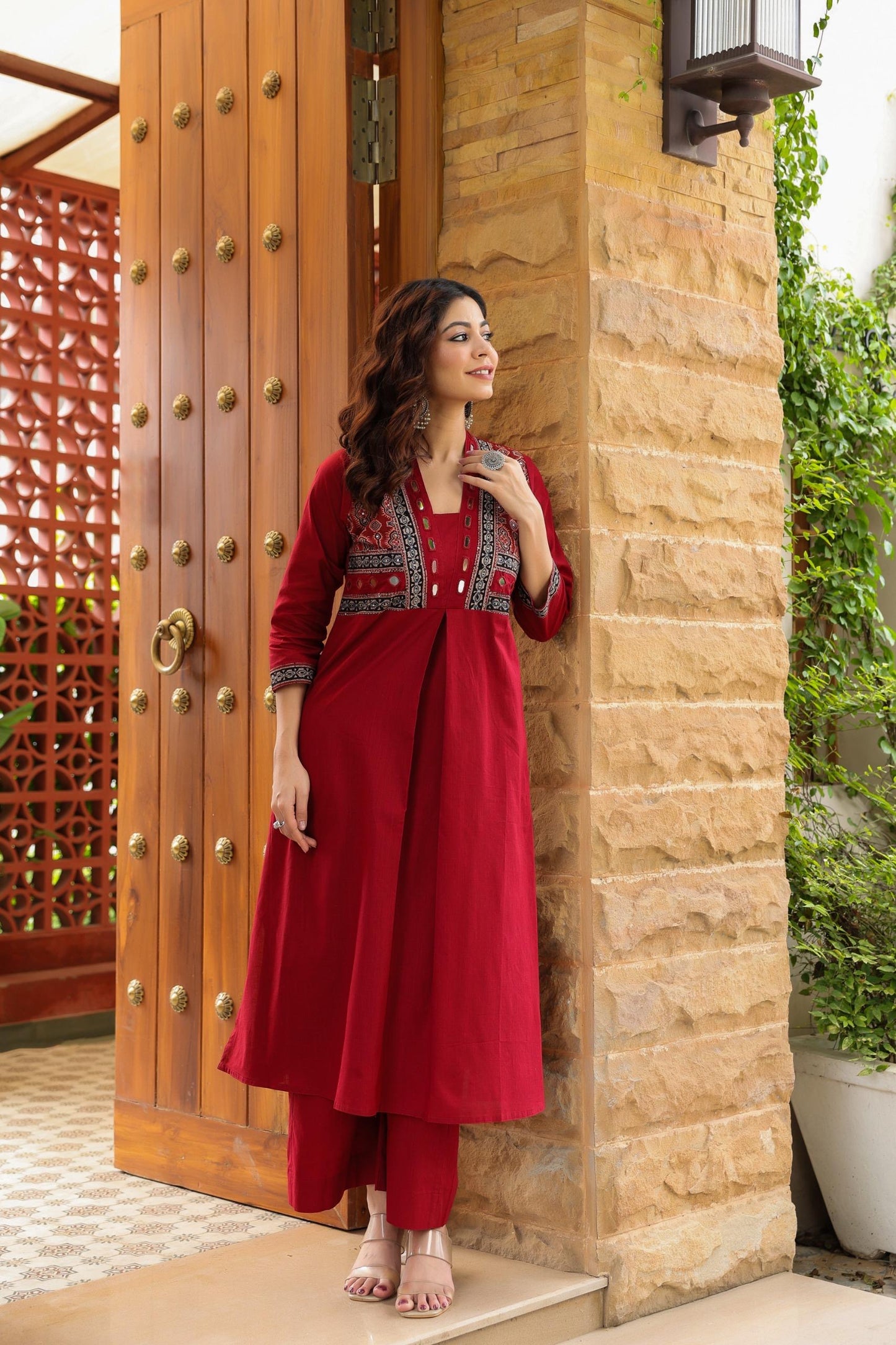 Red Kutch real mirror cotton kurta palzoo