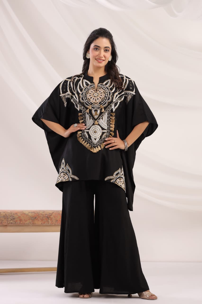 Black rayon Indo western kaftan boho work co ord set