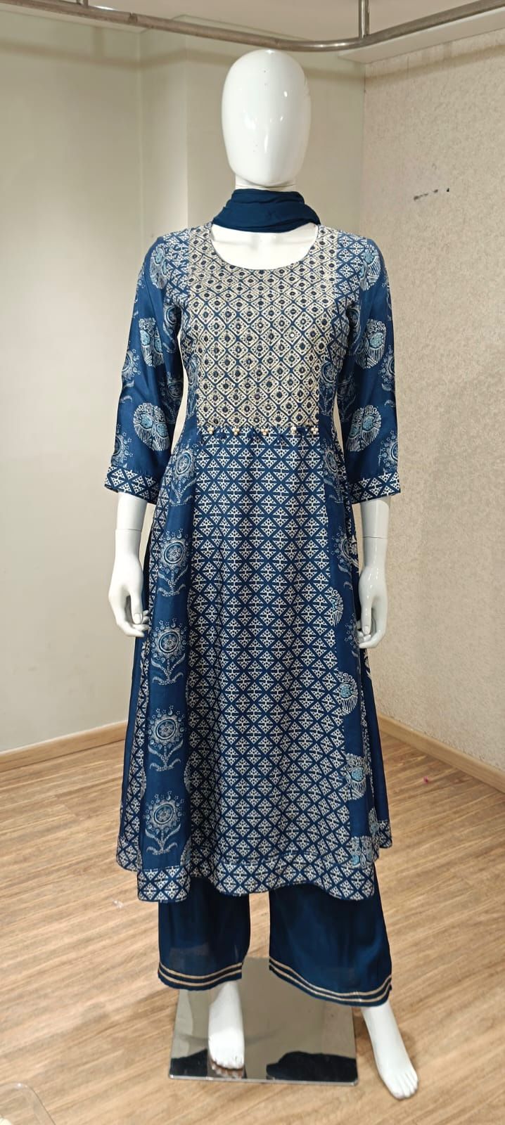Indigo classy silk suit with real mirror work paired with chiffon Dupatta