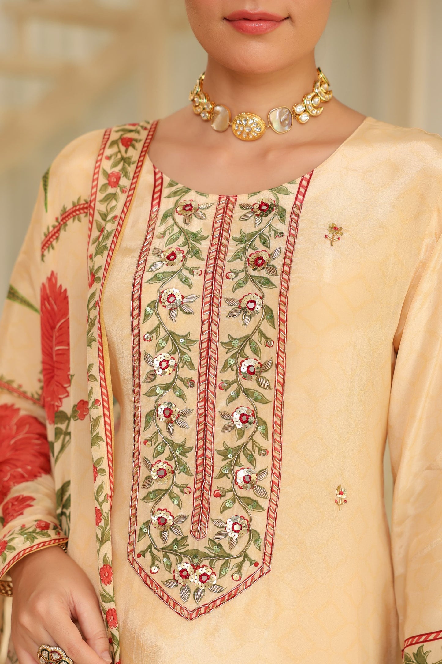 Ivory pure crepe suit with chiffon Dupatta and muslin pants