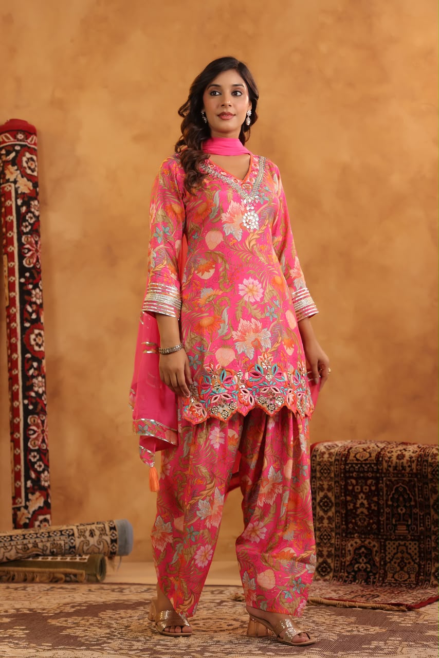 Muslin silk Farshi salwar suit with pure chiffon Dupatta