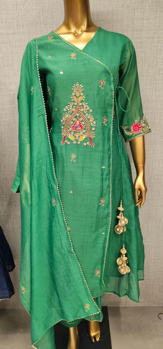 Angrakha pattern beautiful handwork suit in mul chandari