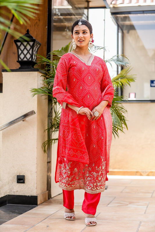 Bandhani red chinon suit