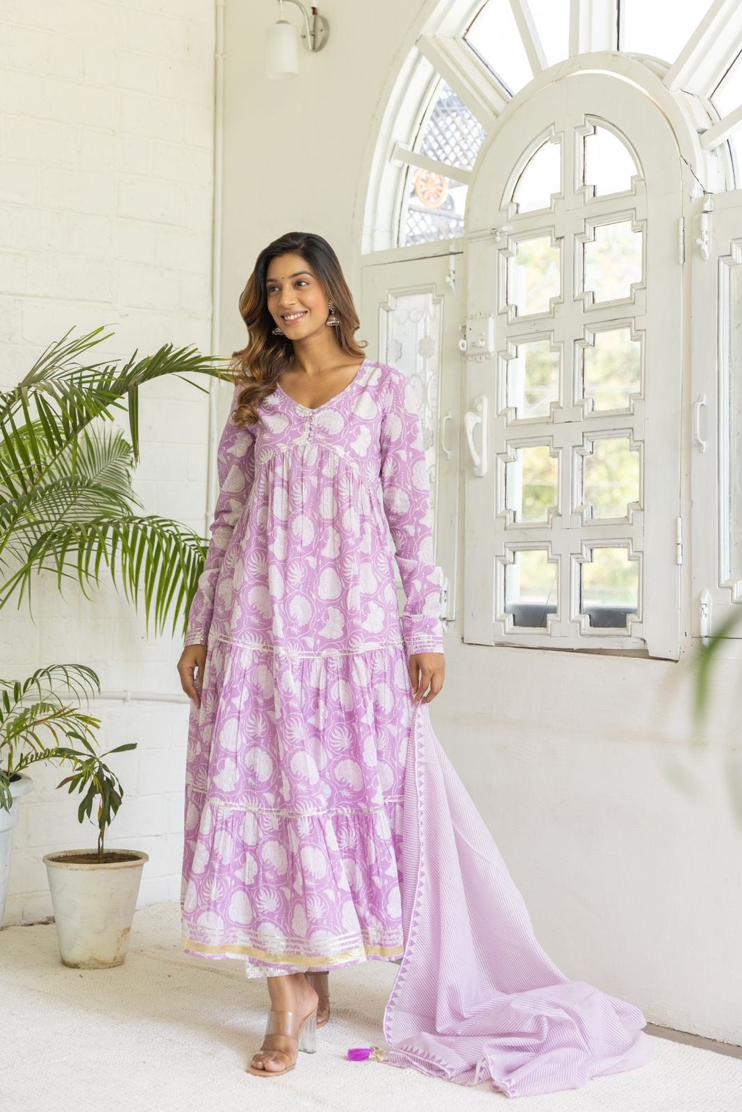 Preety green / purple cotton  layed anarkali