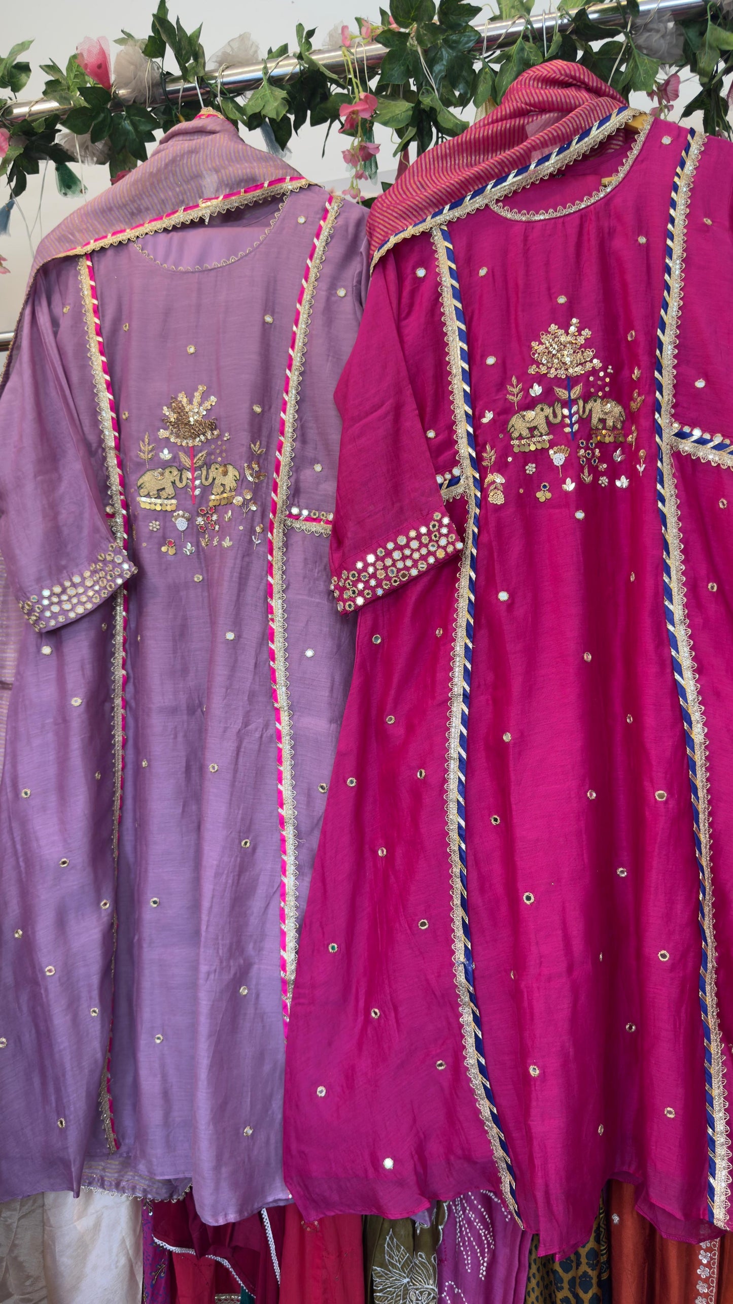Elephant and real mirror hand work mul chandari suit