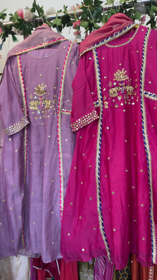 Elephant and real mirror hand work mul chandari suit