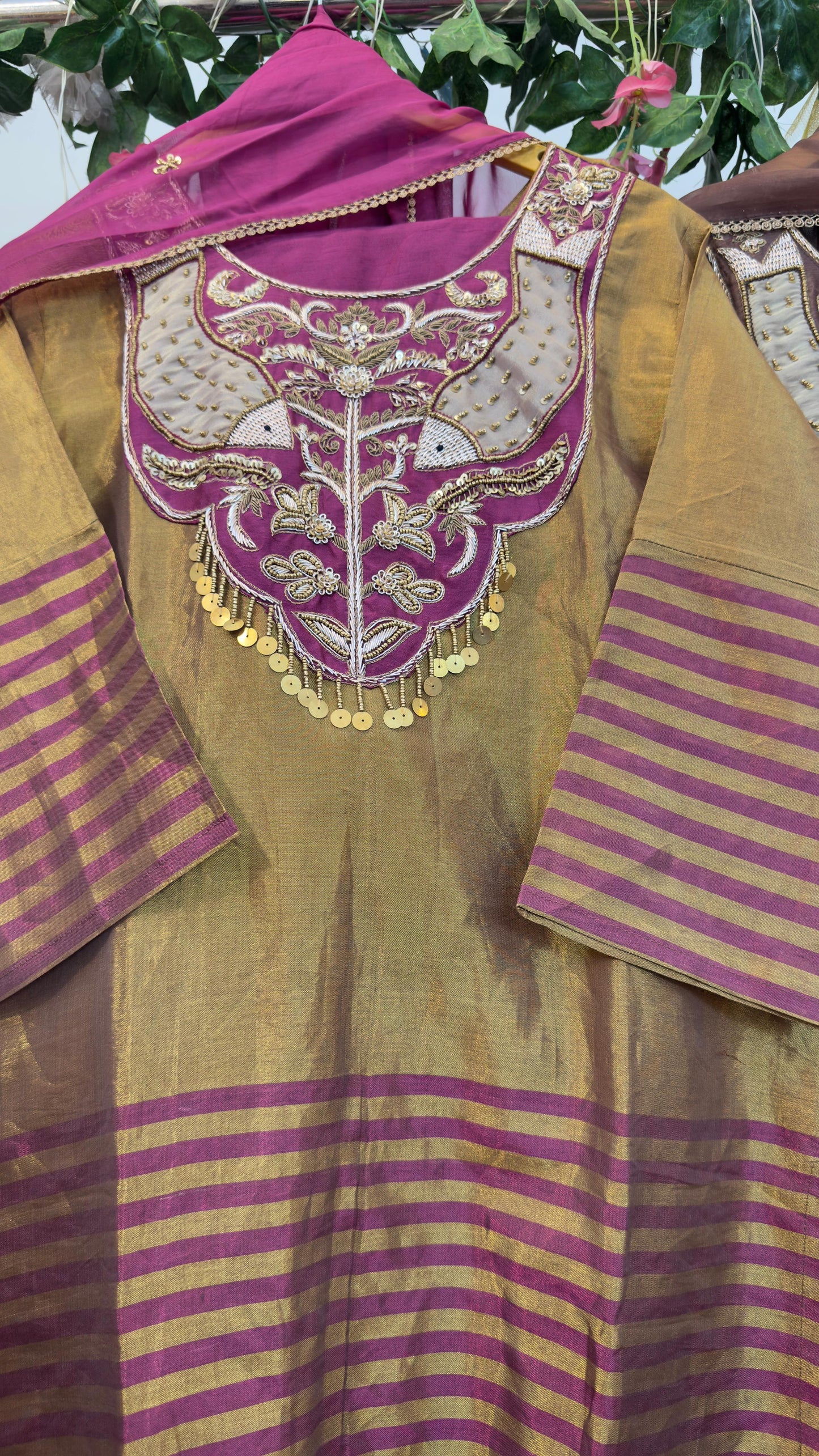 Trendy tissue staright suit with organza dup and silk pants