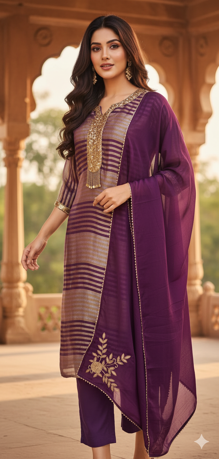 Tissue suit with organza Dupatta with handwork detailing