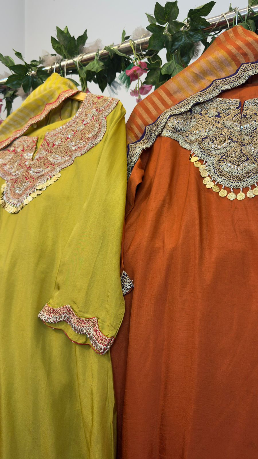 Neck line hand work silk Aline suit