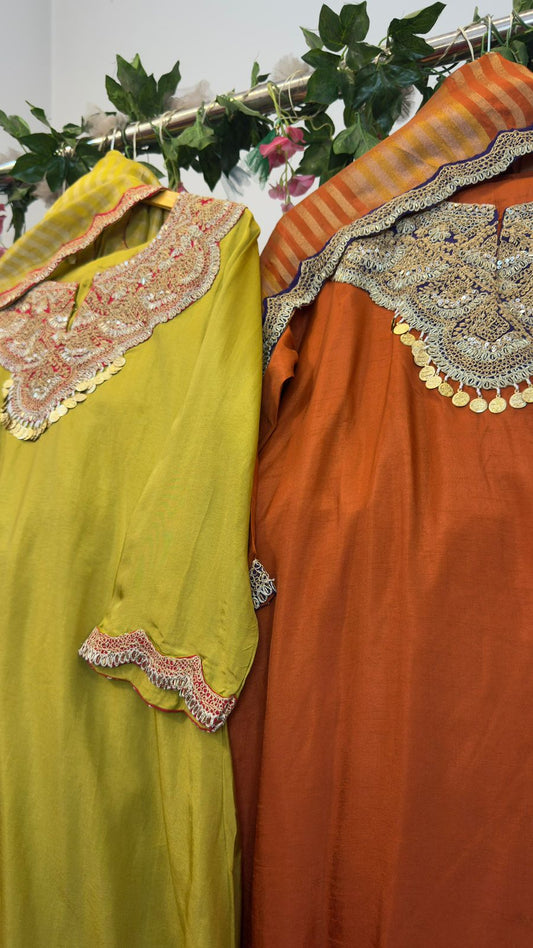 Neck line hand work silk Aline suit