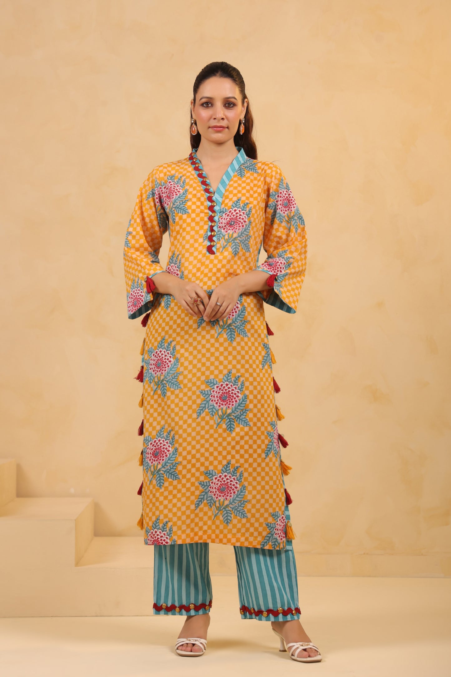 Yellow  Gomertical cotton premium suit with beautiful detailing & kota doria dupatta