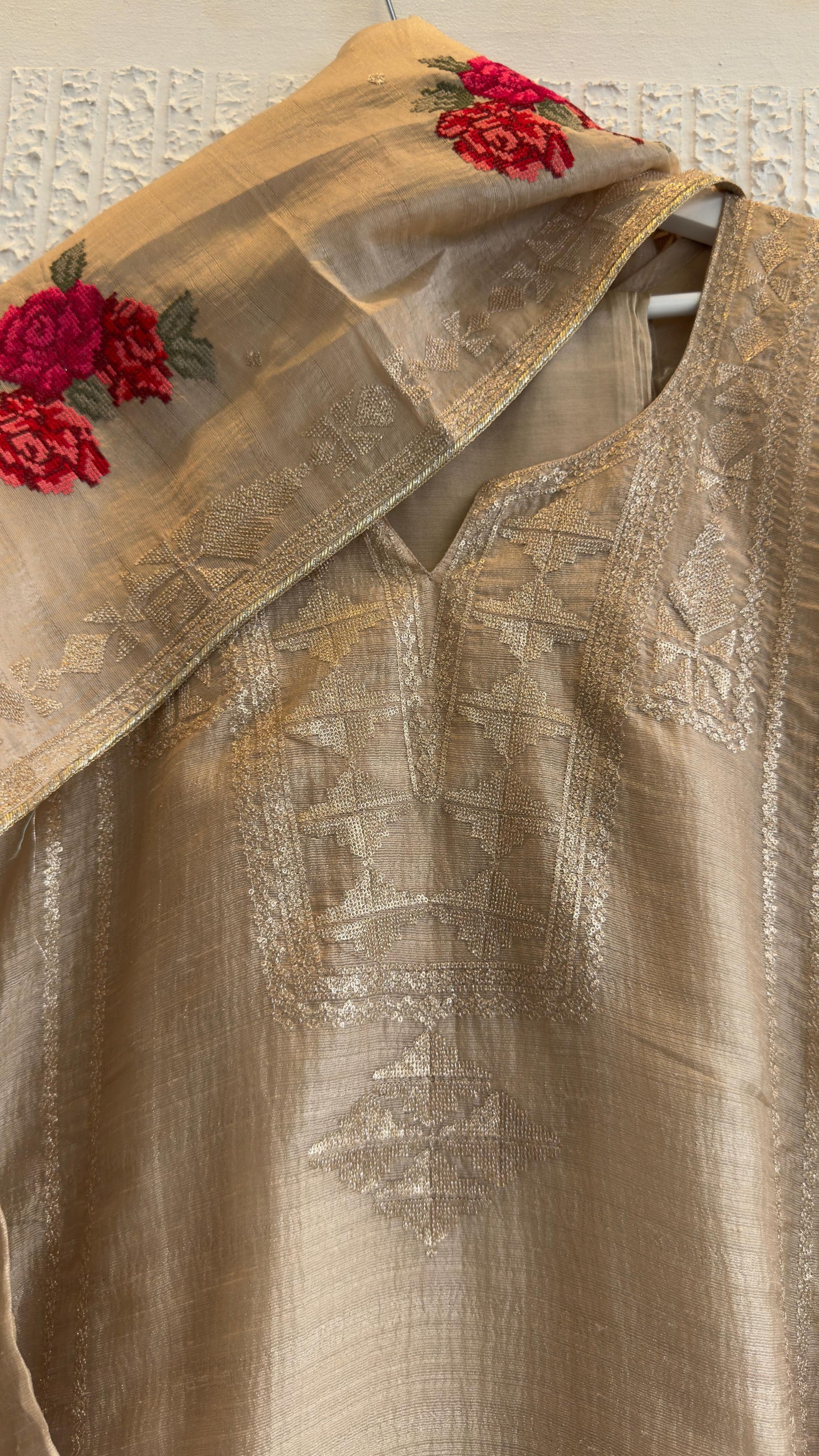 Premium tissue suit with cross embroidery rose with silk pants