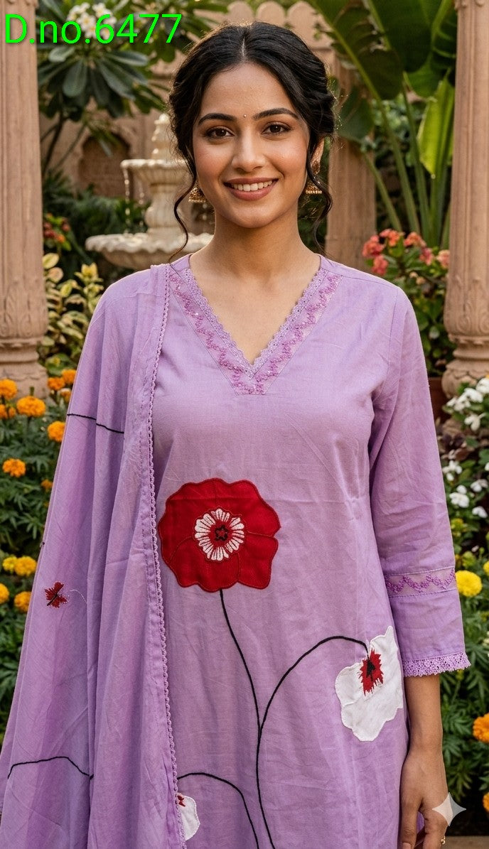 Pure cotton appliqué work on kurta comes with cotton pant dup with cotton lining attached with kurta