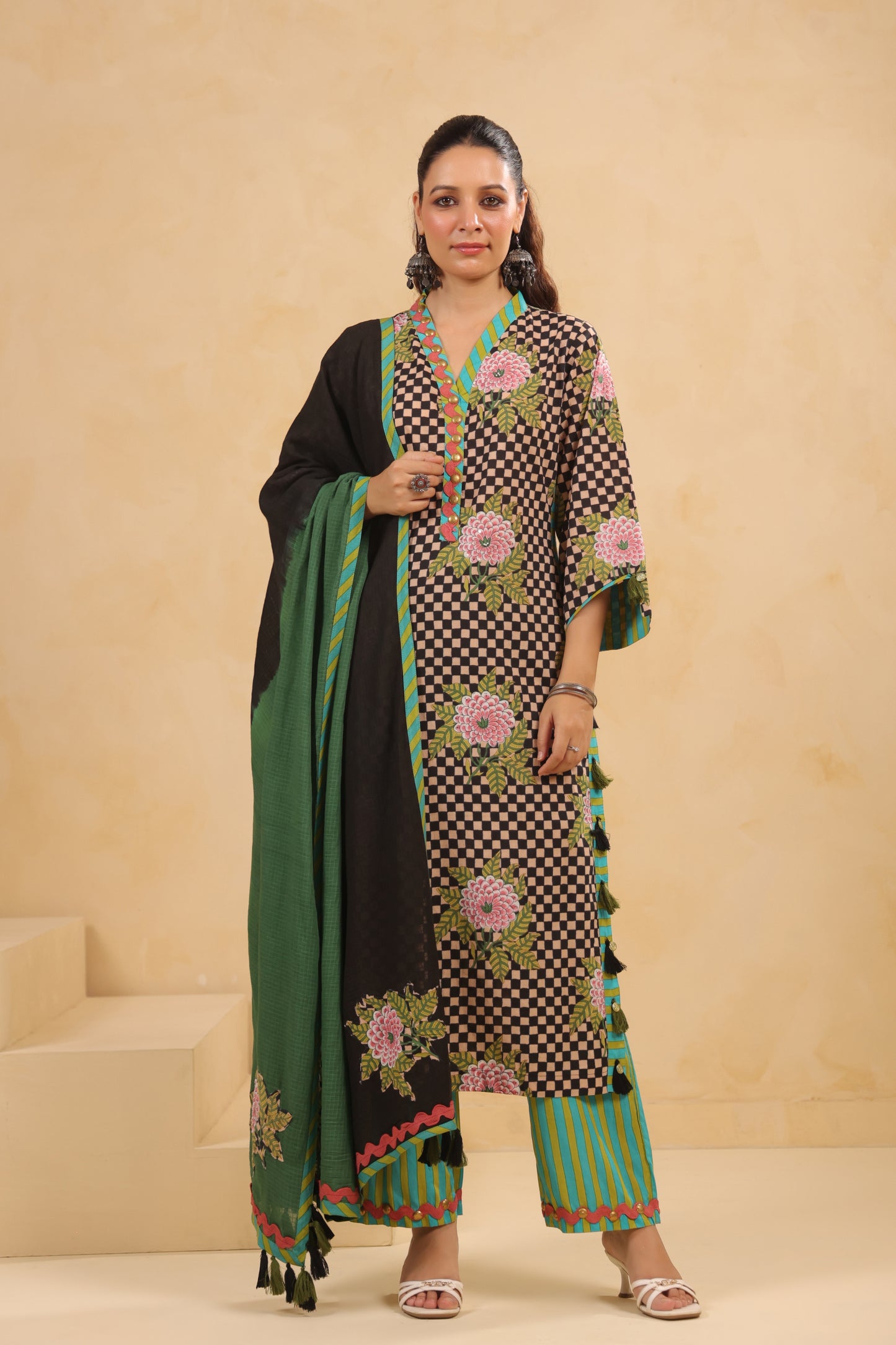 Black Gomertical cotton premium suit with beautiful detailing & kota doria dupatta